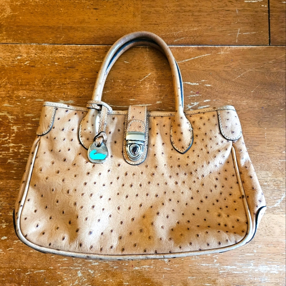 Dooney & Bourke Vintage Embossed Ostrich Leather Double Handle Handbag Cognac